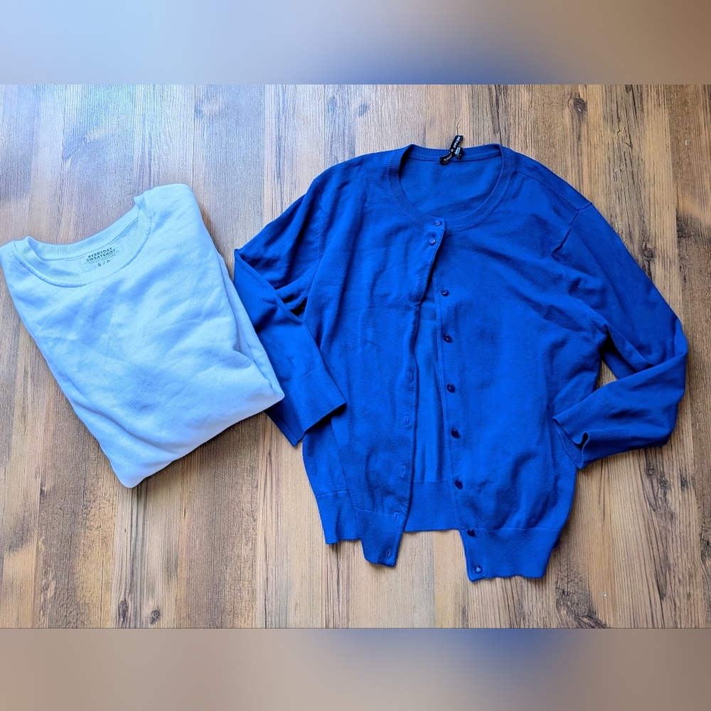 Blue Button-Up Cardigan and White Sweatshirt Set